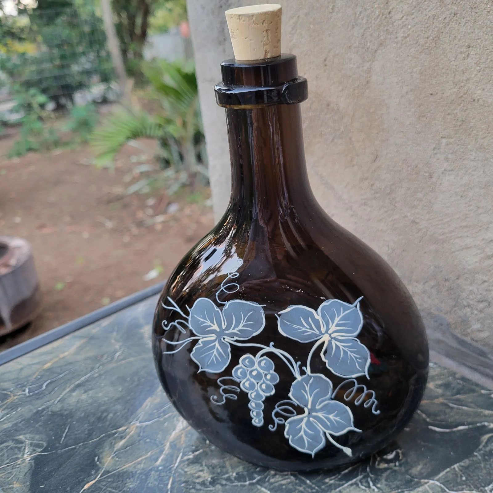 Hand Painted Brown Glass Bottle
