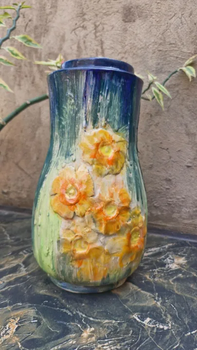 Pottery Vase With Perfect Shades Of Blues, Green And