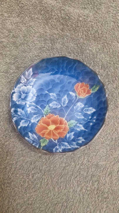 Vintage Japanese small bowl. Blue with peony flowers.