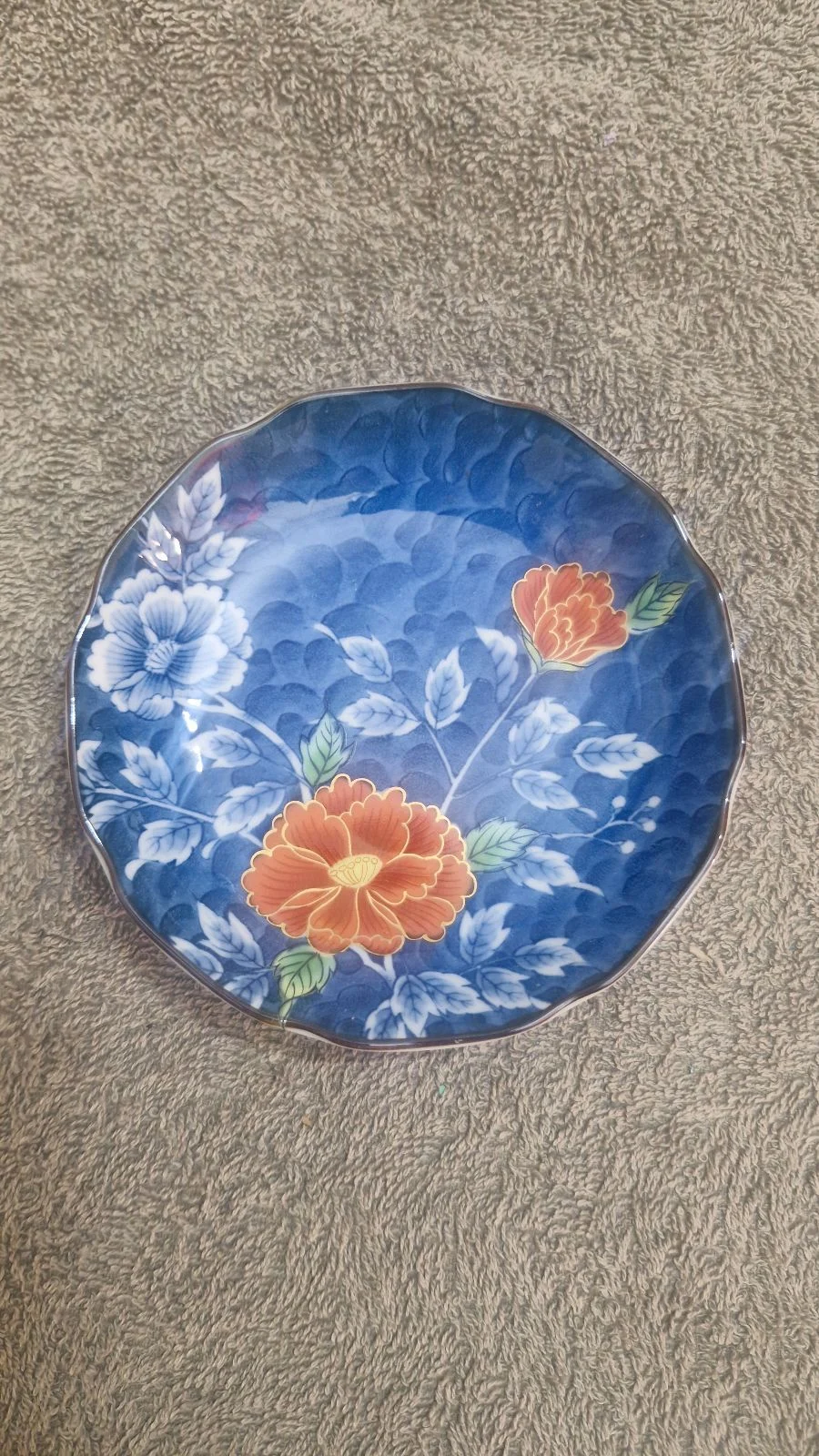 Vintage Japanese small bowl. Blue with peony flowers.