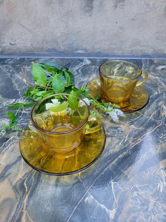 Vintage Amber Glass Teacups & Saucers