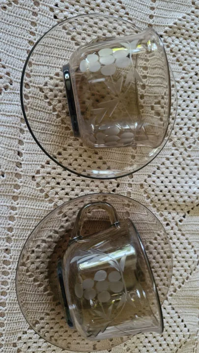 2 Grey Glass Cup And 2 Saucers