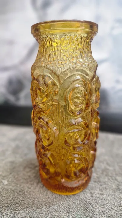 Vintage Amber Glass Vase With A "Roses" Pattern
