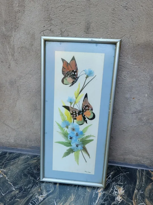 Vintage Feather Butterfly & Flower Wall Hanging