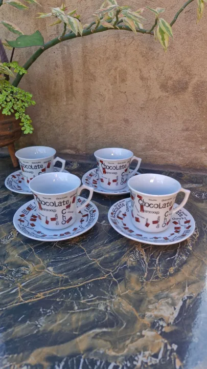 Set Of 4 Small / Mini Chocolate Cups And Saucers With