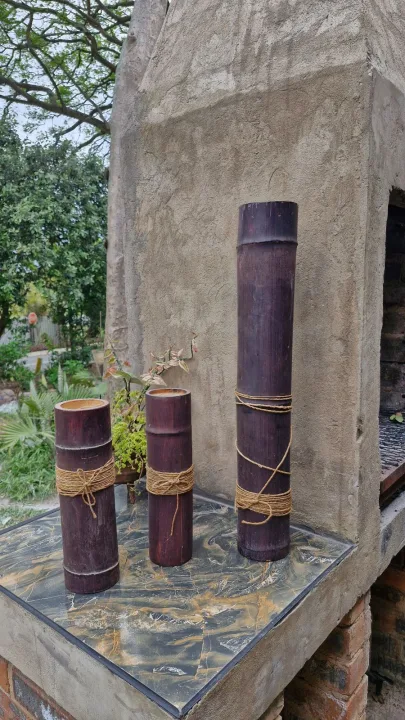 Brown Bamboo Freestanding Candle Holders X 3