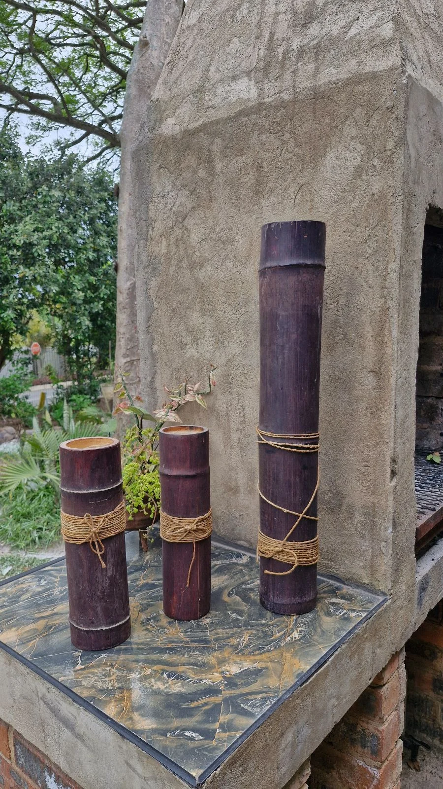 Brown Bamboo Freestanding Candle Holders X 3