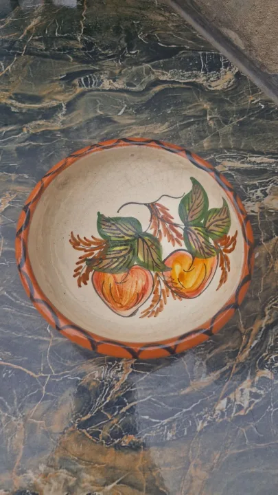 Earthernware Bowl With Shades Of Orange And Yellow Fruit