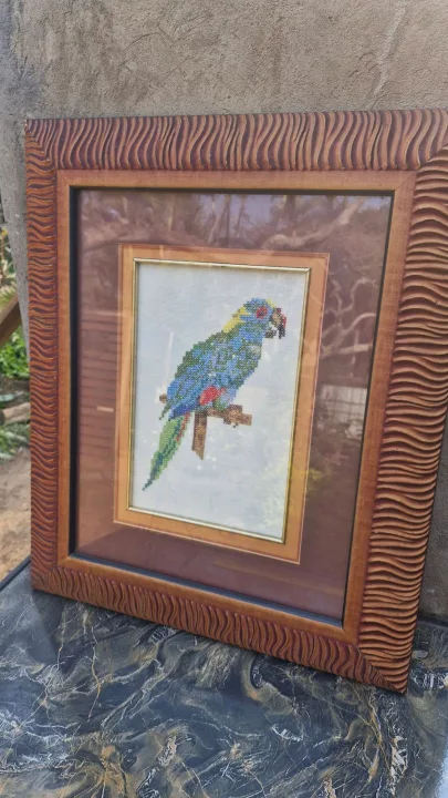 Tapestry Parrot With Wood Frame Wall Hanging