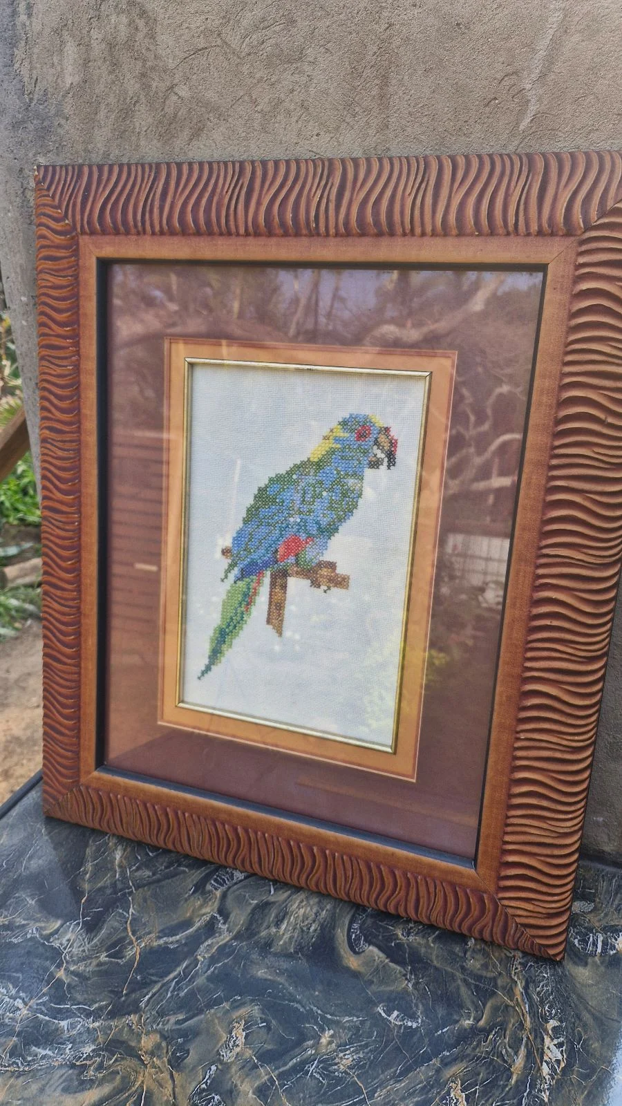 Tapestry Parrot With Wood Frame Wall Hanging