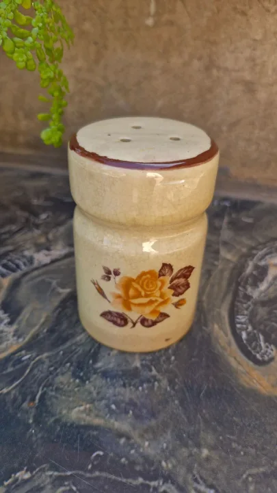 Colored Salt Or Pepper Cellar With Burnt Orange Flower