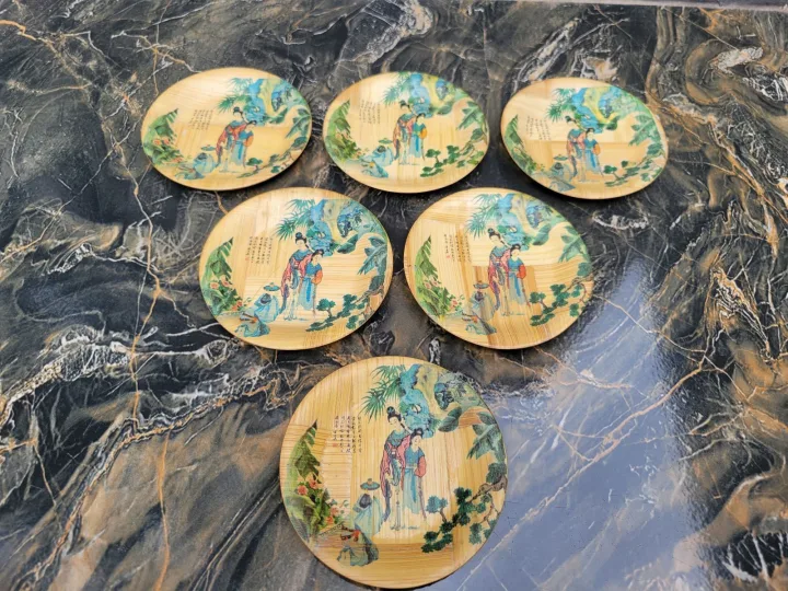 Vintage Bamboo Geisha Girl Plates X 6
