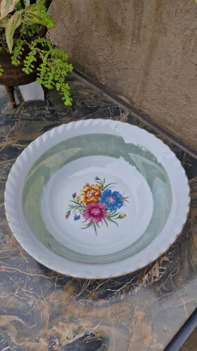 Vintage Salad Or Display Bowl With Flowers And Green Rim
