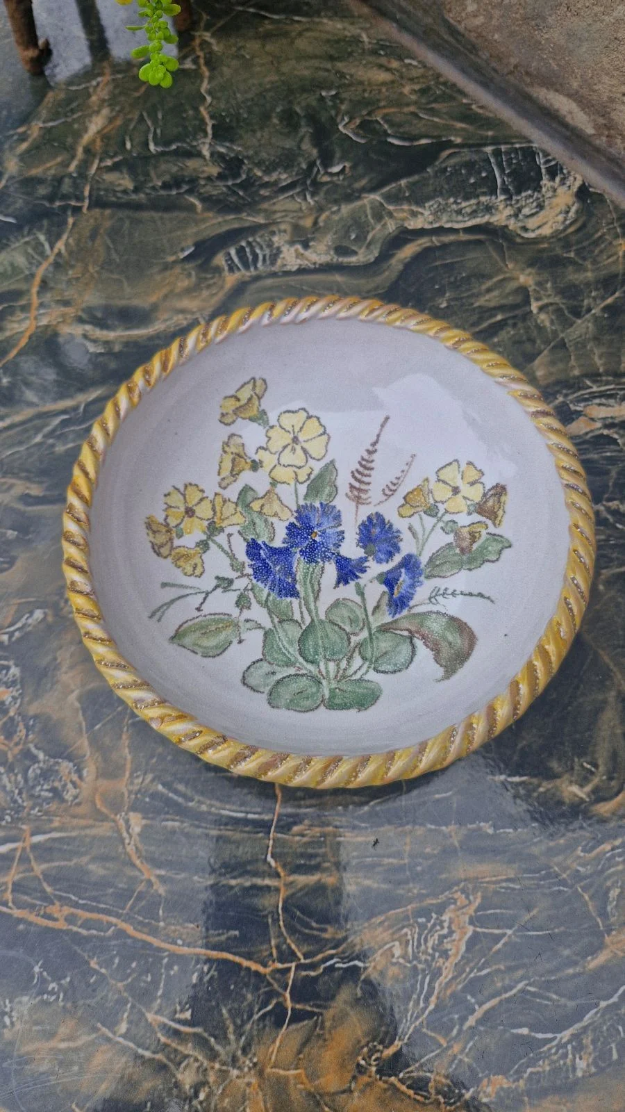 Round Ceramic Bowl With Blue And Yellow Flowers And