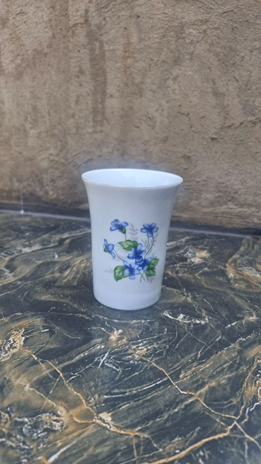 White Vintage Container With Blue Violets