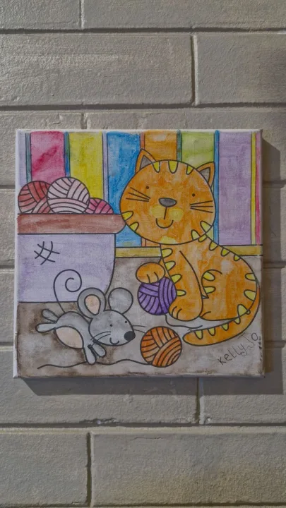 Cat, Mouse And Balls Of Wool Fabric / Canvas Painting
