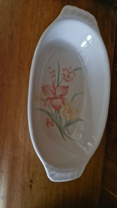Vintage Beige Oval Serving Platter With "Jade Lillies"