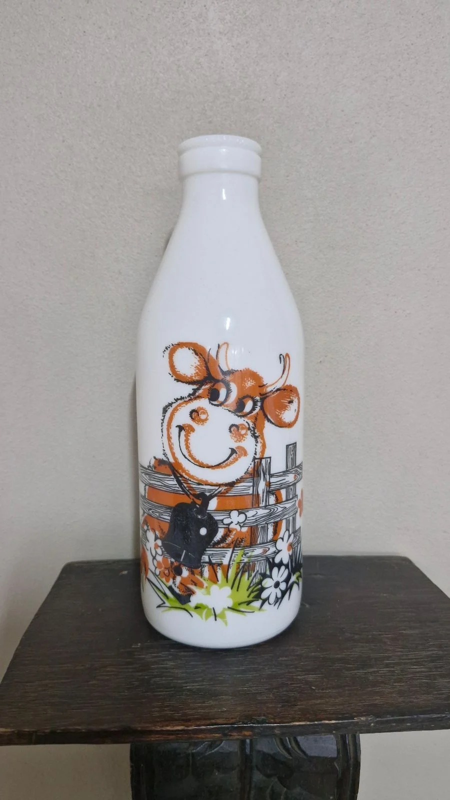 1 Litre White Milk Glass Bottle With Brown Cow
